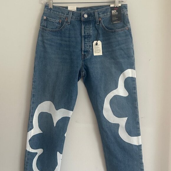 Crop Denim Paint by Number Flower Wavy Lined Straight Blue Jeans NWT - Picture 7 of 16
